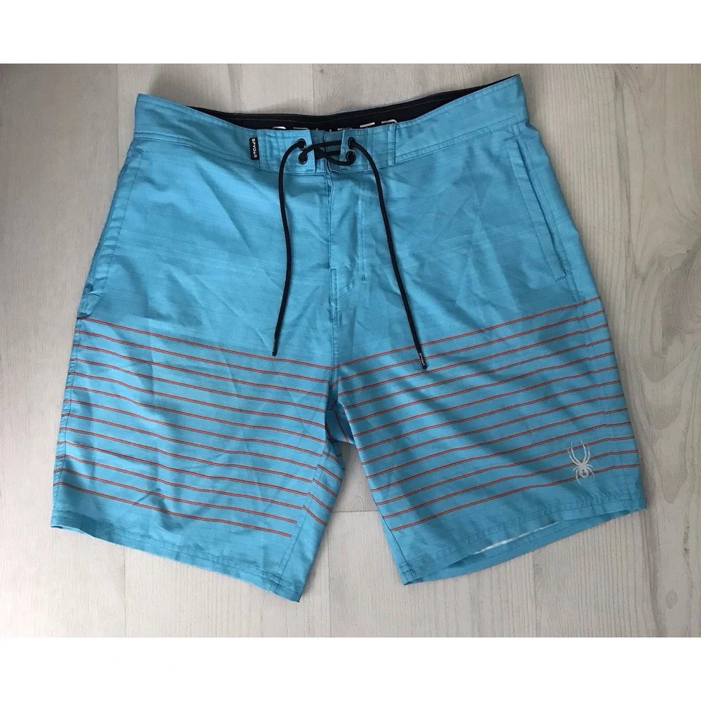 Men's Large Spyder Swim Shorts Blue Orange Stripes Pockets UV Protection L